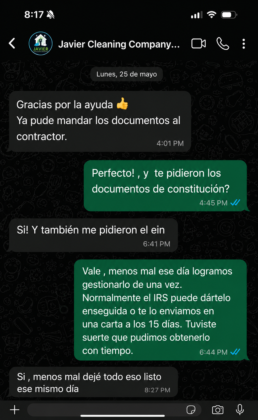 Testimonio por WhatsApp: Compañía de limpieza — EIN y documentos completados el mismo día.
