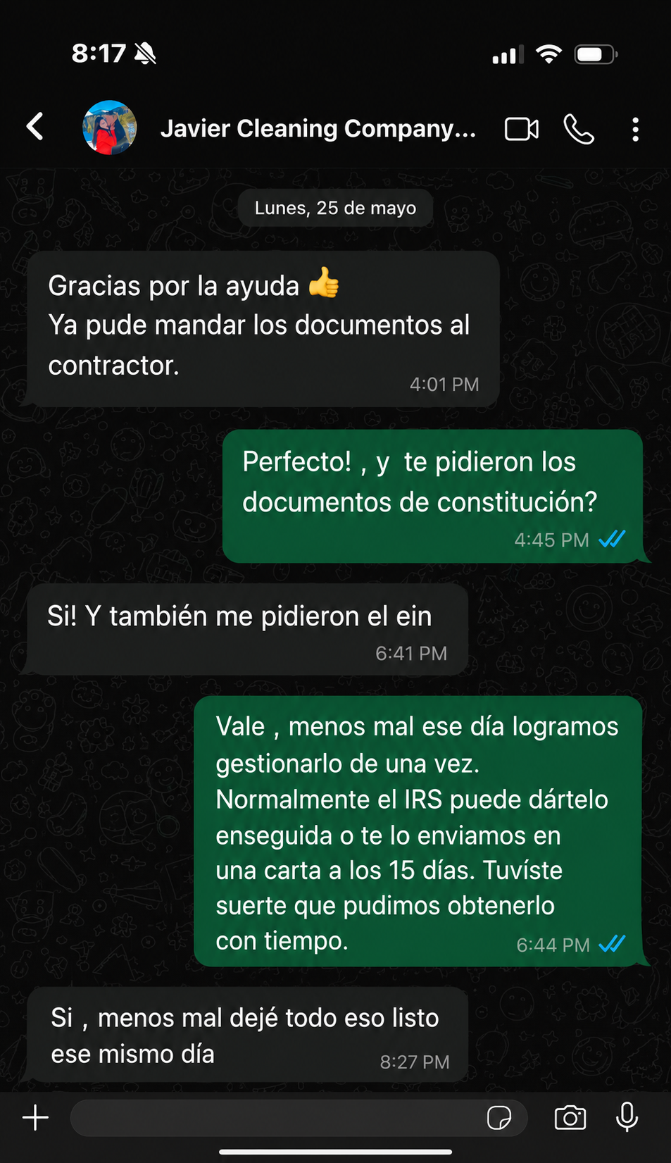 Testimonio por WhatsApp: Compañía de limpieza — documentos enviados a su contratista.